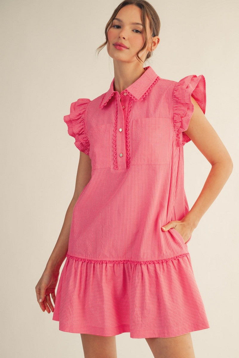 Pink Layered Ruffle Cap Sleeve Pinstripe Dress