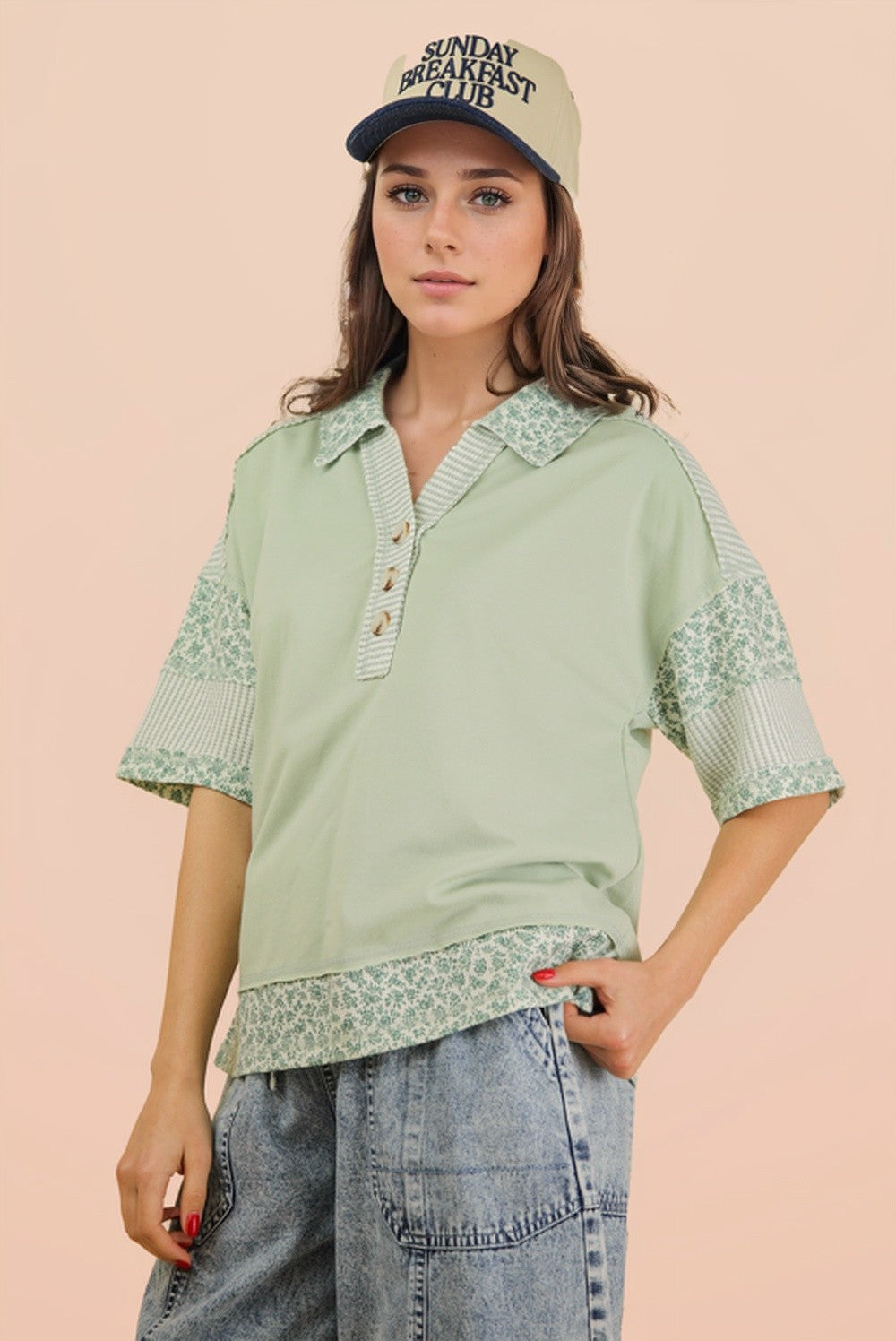 Floral Half Button Down Collared Top