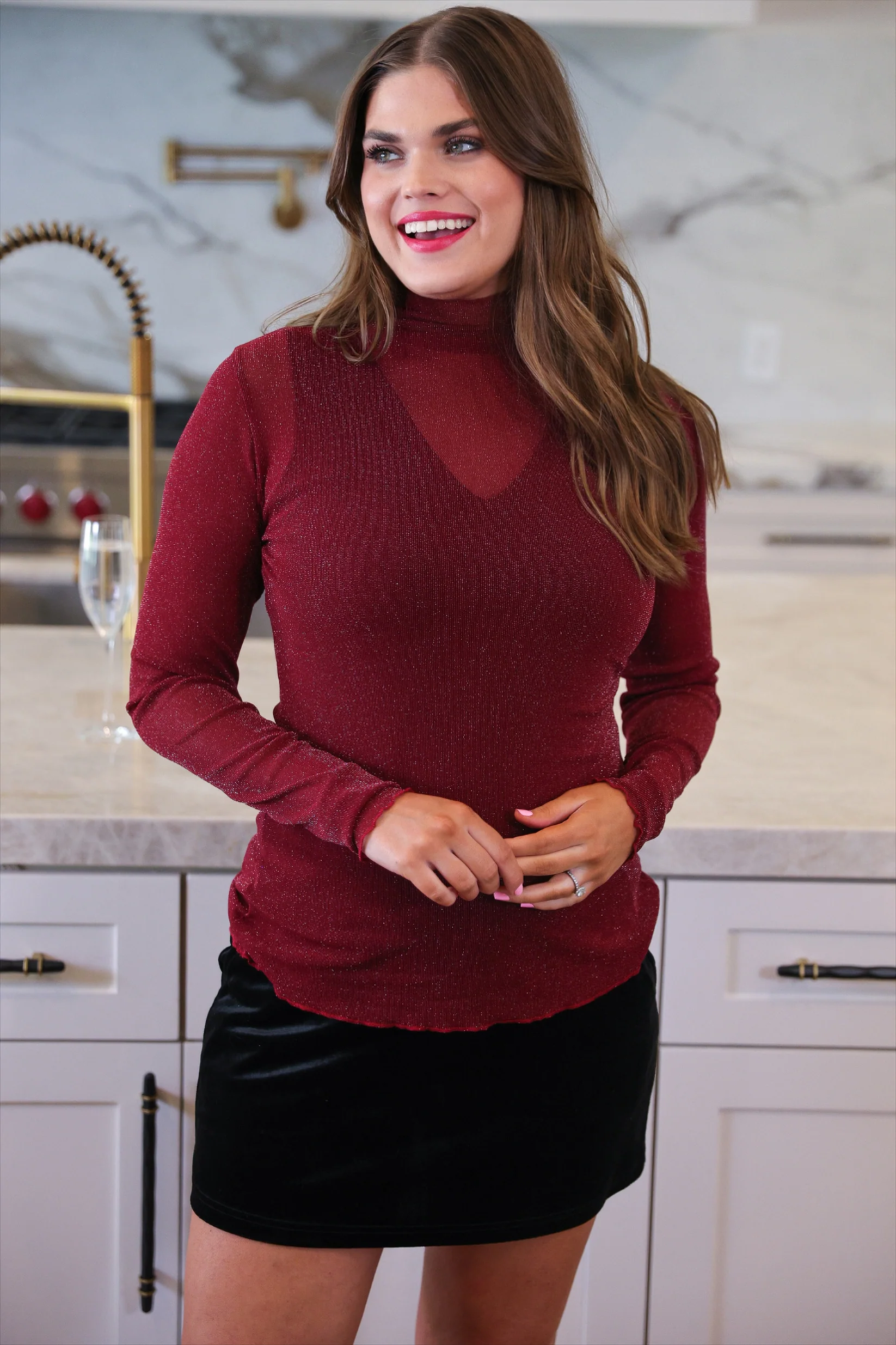 Maroon Glitter Mesh Top