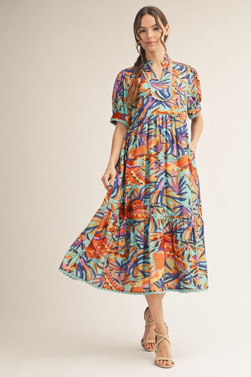 Aqua Short Sleeve Tropical Print Midi Dress