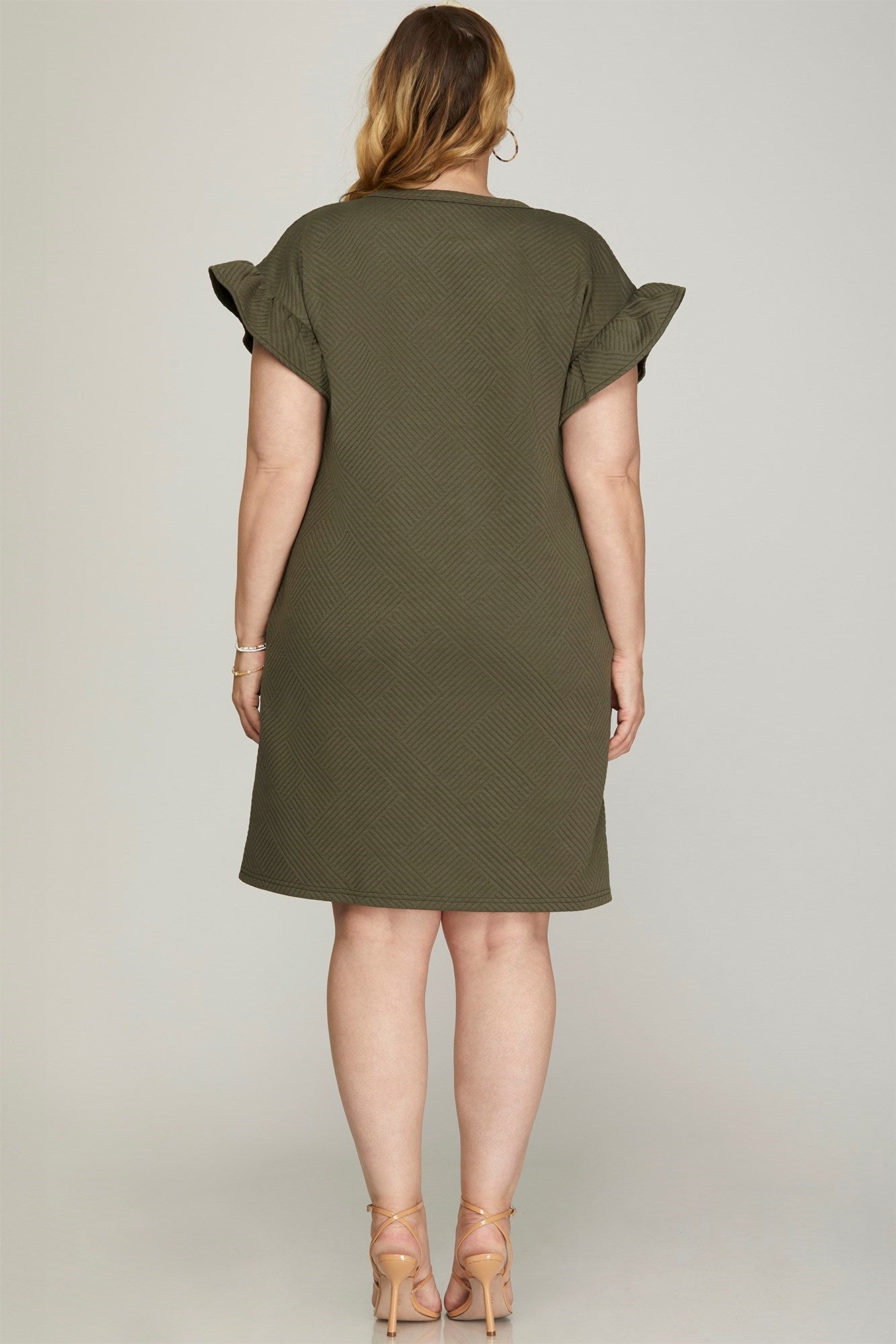 Curvy Olive Quilted Ruffle Sleeve Dress