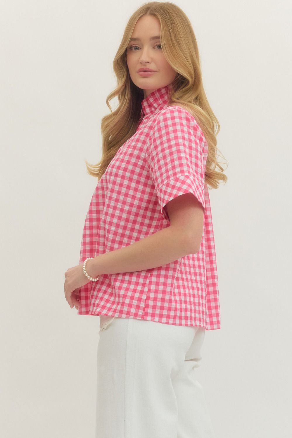 Pink Gingham V-Neck Top