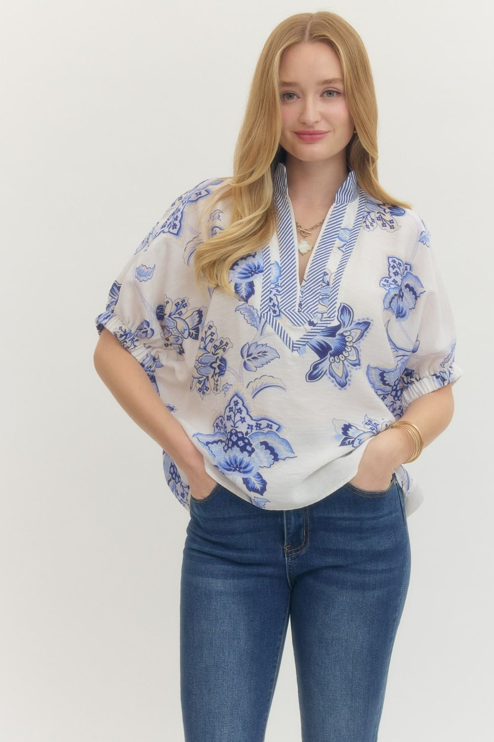 Blue Floral Dolman Contrast V-Neck Top