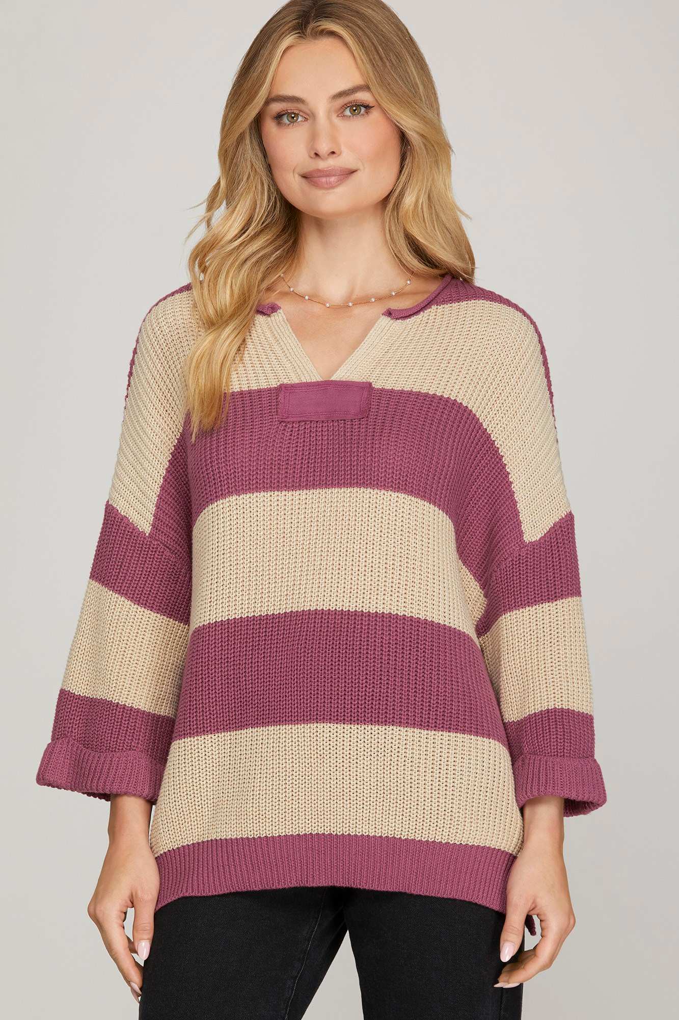 Mauve and Cream Striped V Neck Sweater