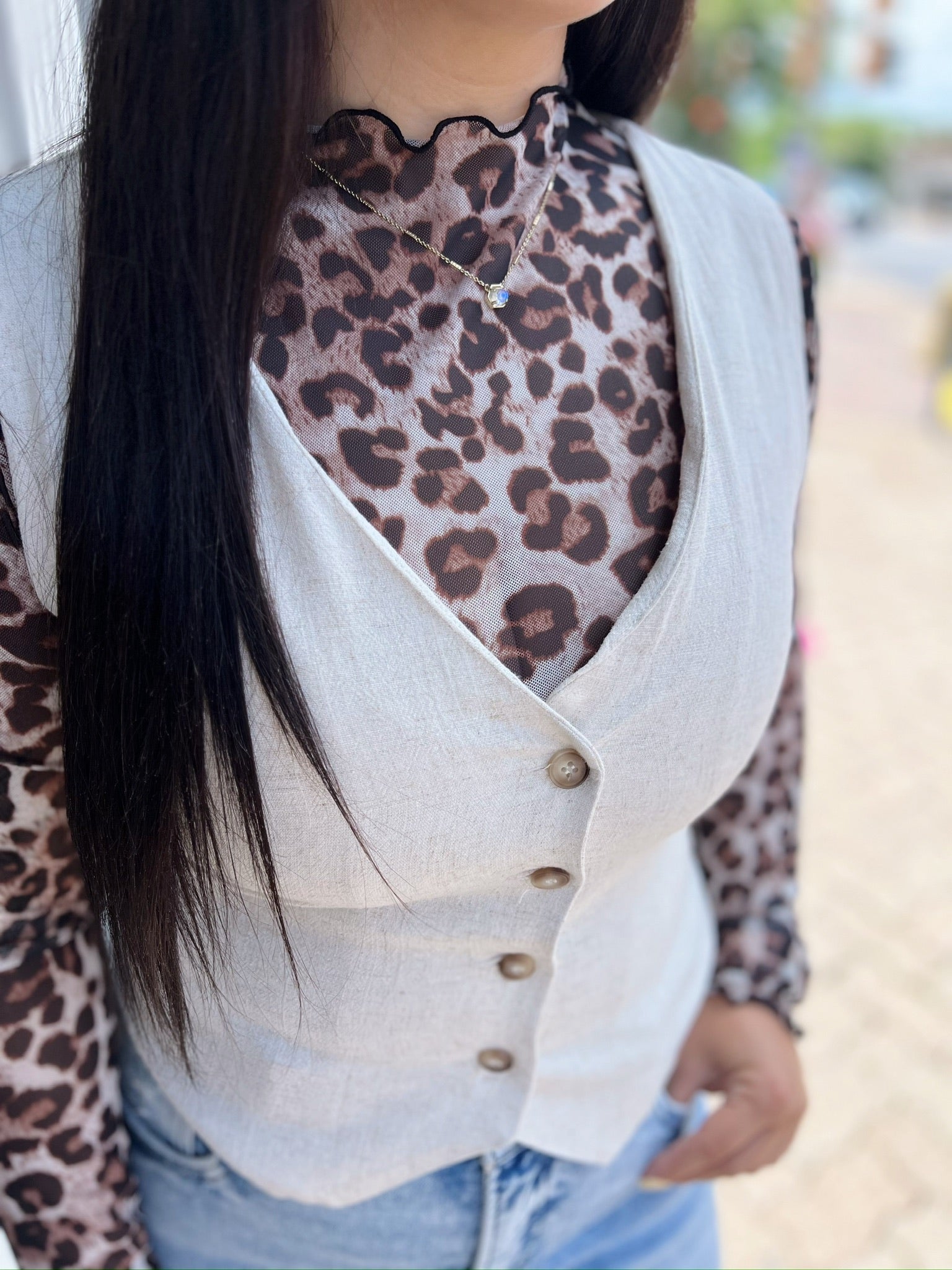Oatmeal V-Neck Button Down Linen Vest