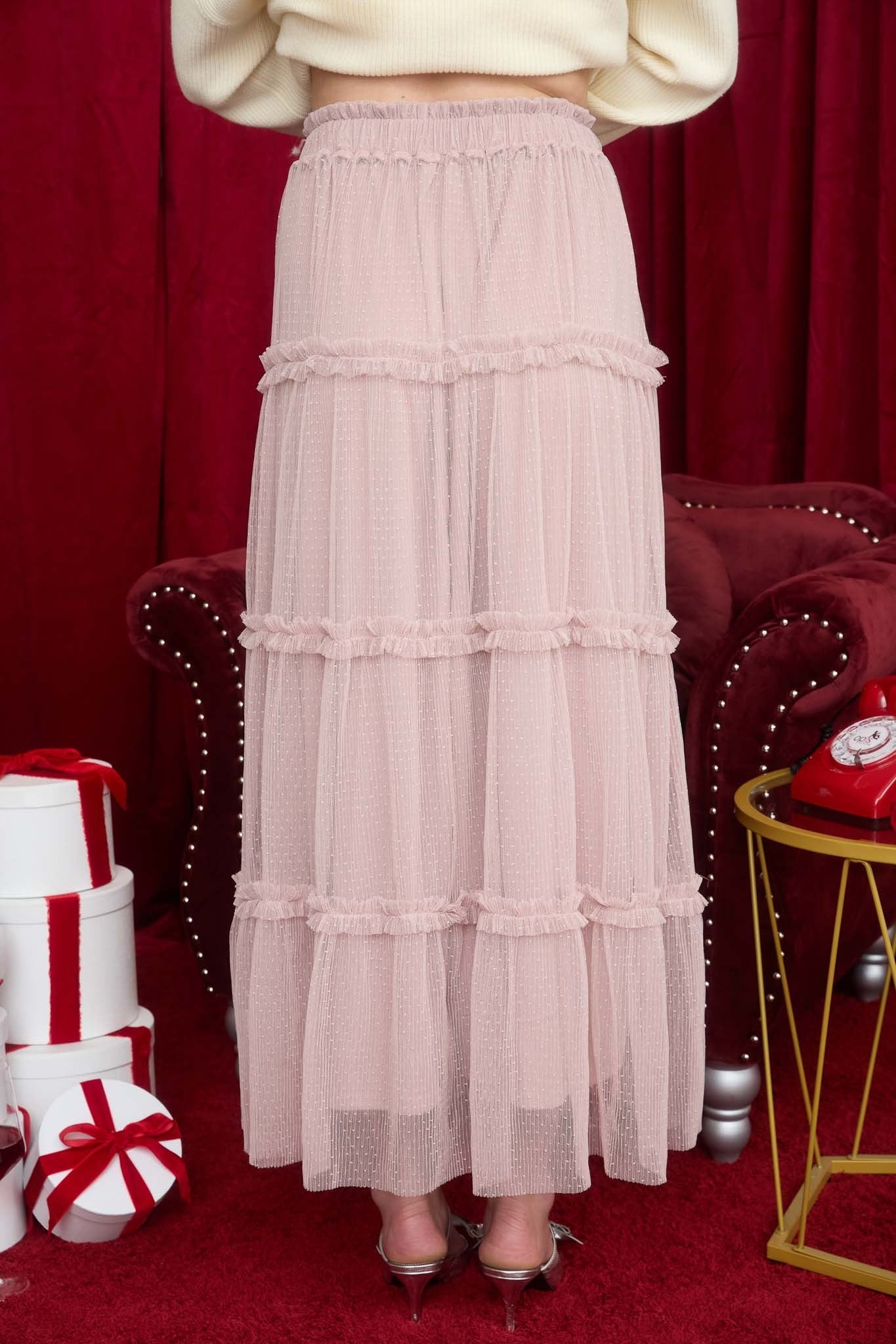 Polkadot Tulle Tiered Midi Skirt