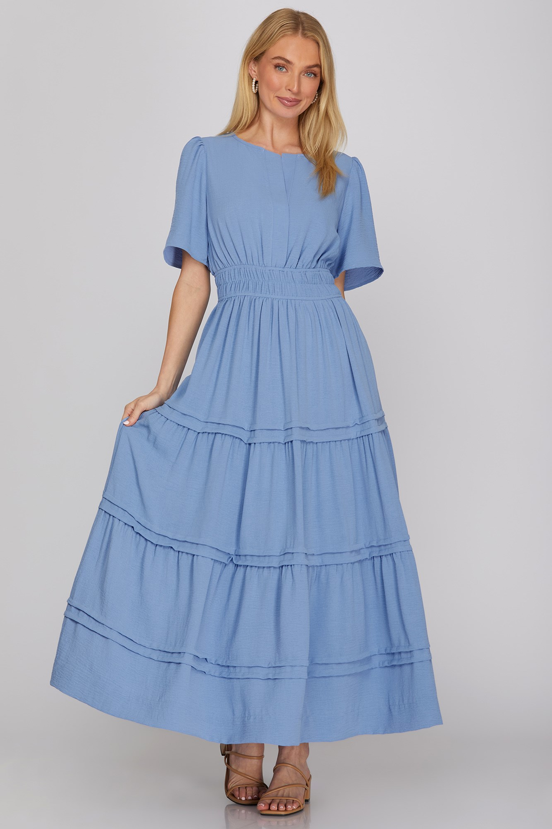 Half Sleeve Elastic Waist Midi Dress