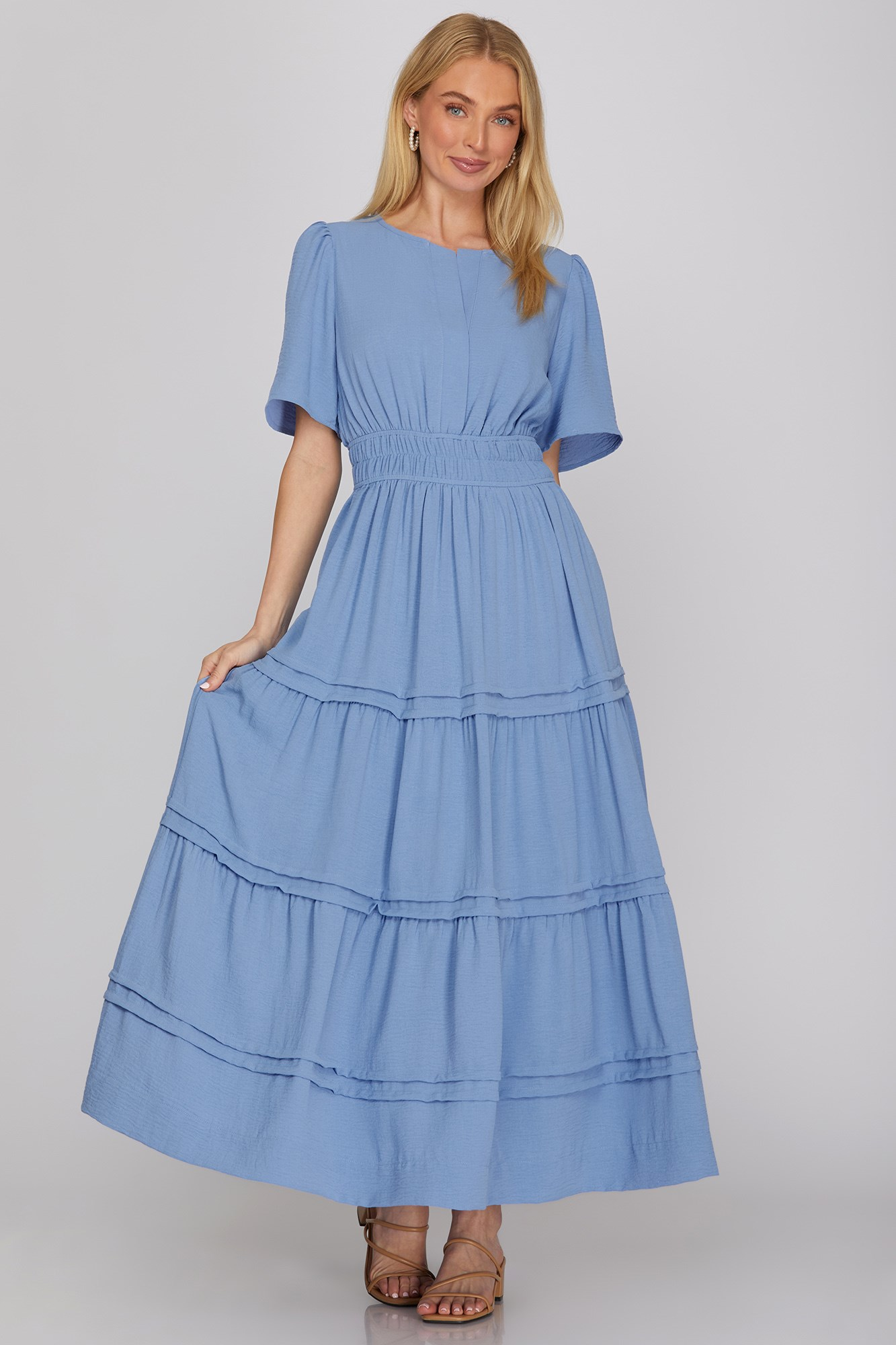 Half Sleeve Elastic Waist Midi Dress