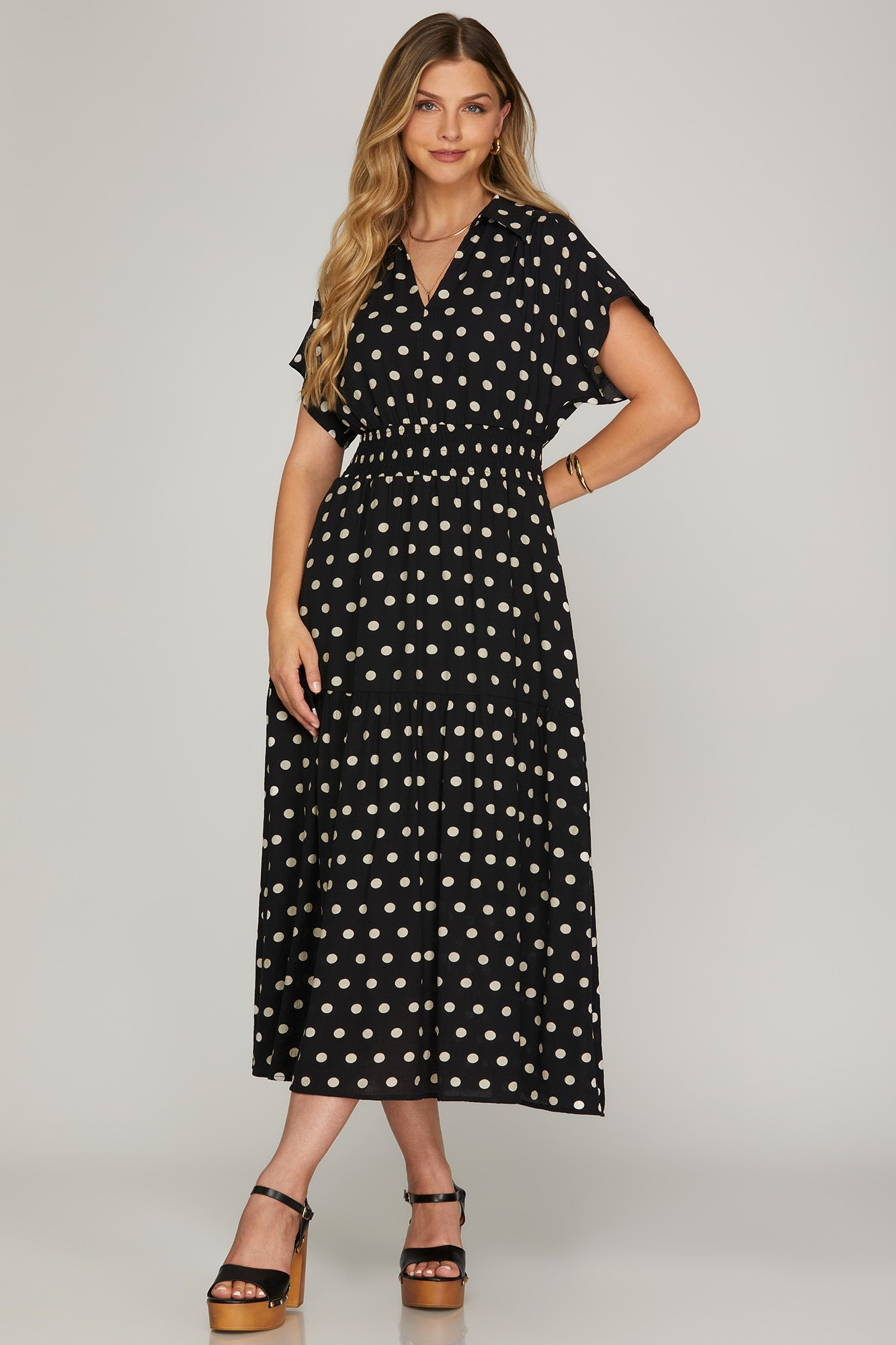 Black Polka Dot Drop Shoulder Collared Midi Dress