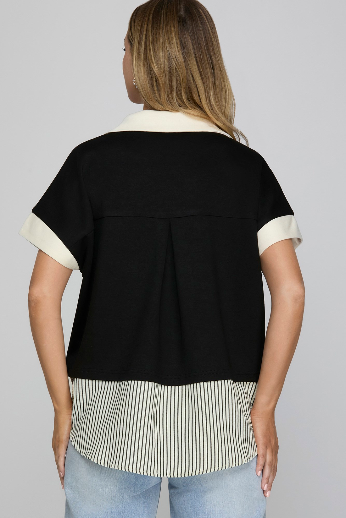 Black Drop Shoulder Contrast Stripe Short Sleeve Top