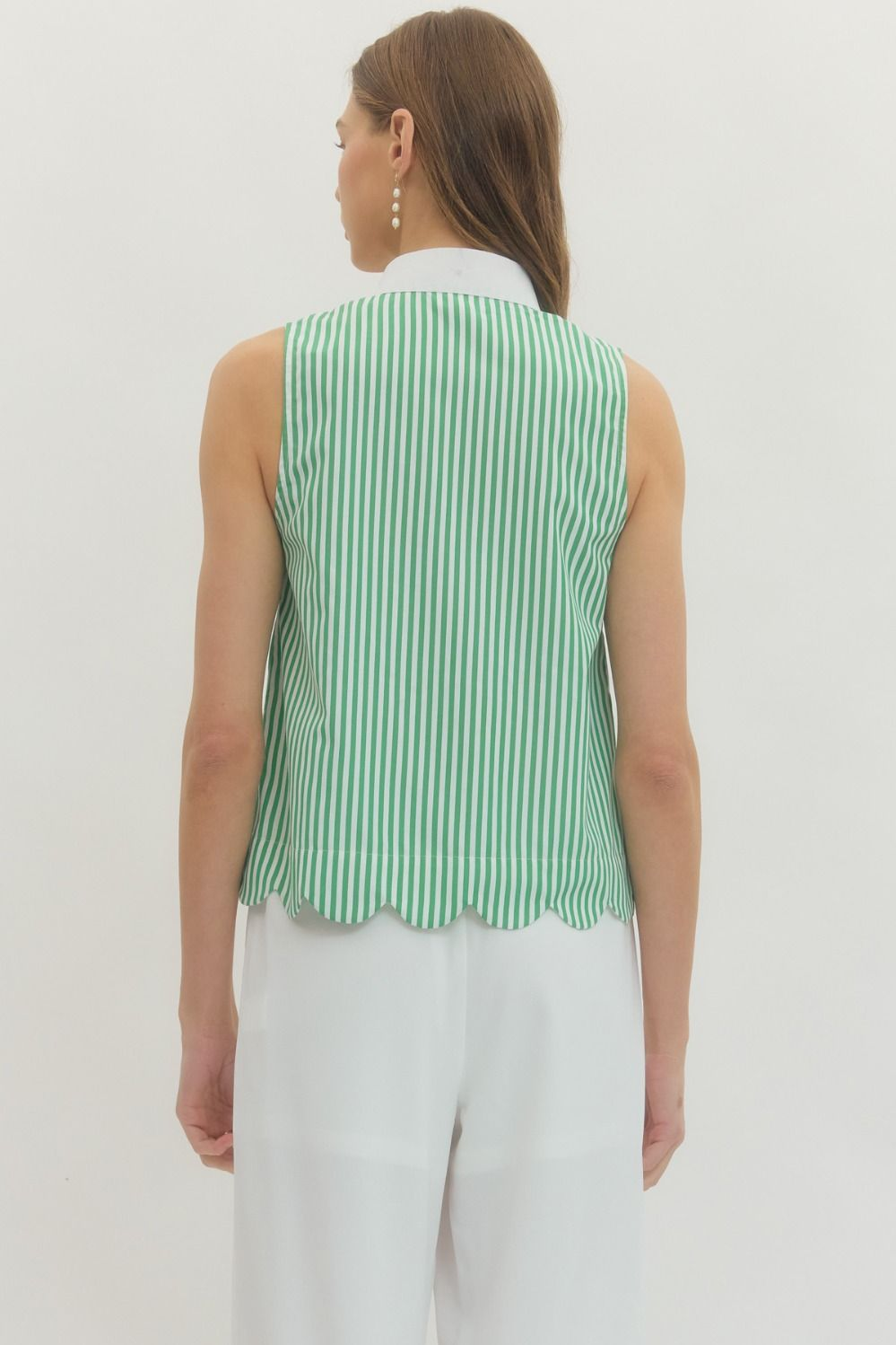 Green Striped Contrast V-Neck Sleeveless Top