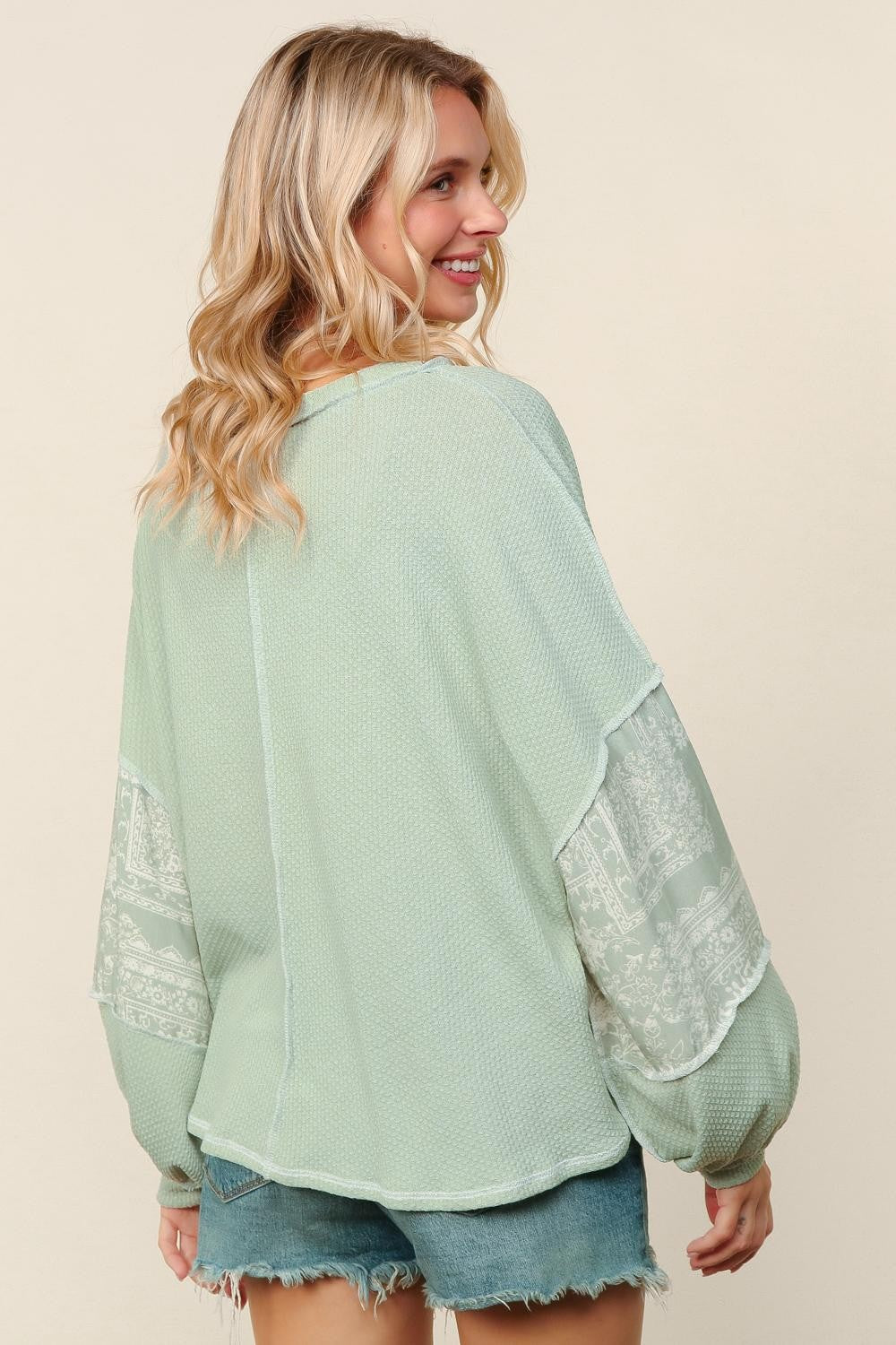 Curvy Light Sage Boho Bubble Sleeve Top