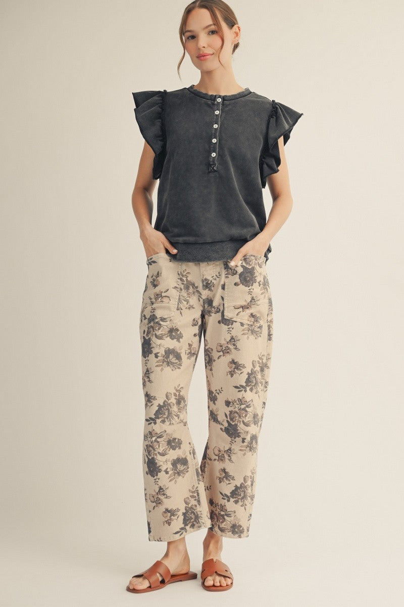 Belted Taupe Floral Barrel Pants