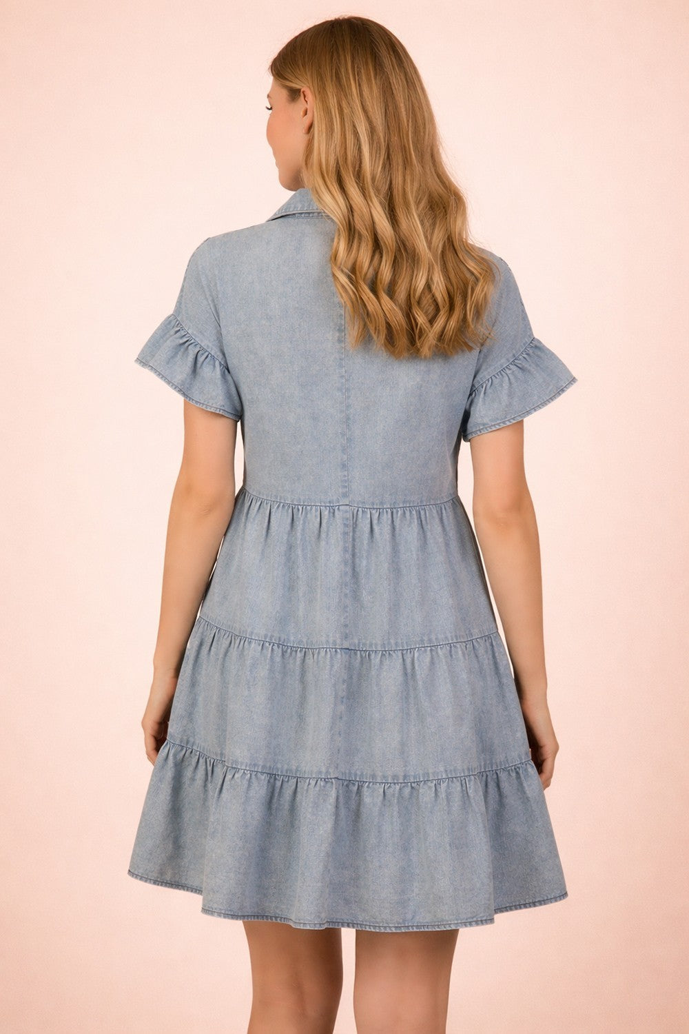 Chambray Ruffled Tiered Shirt Dress