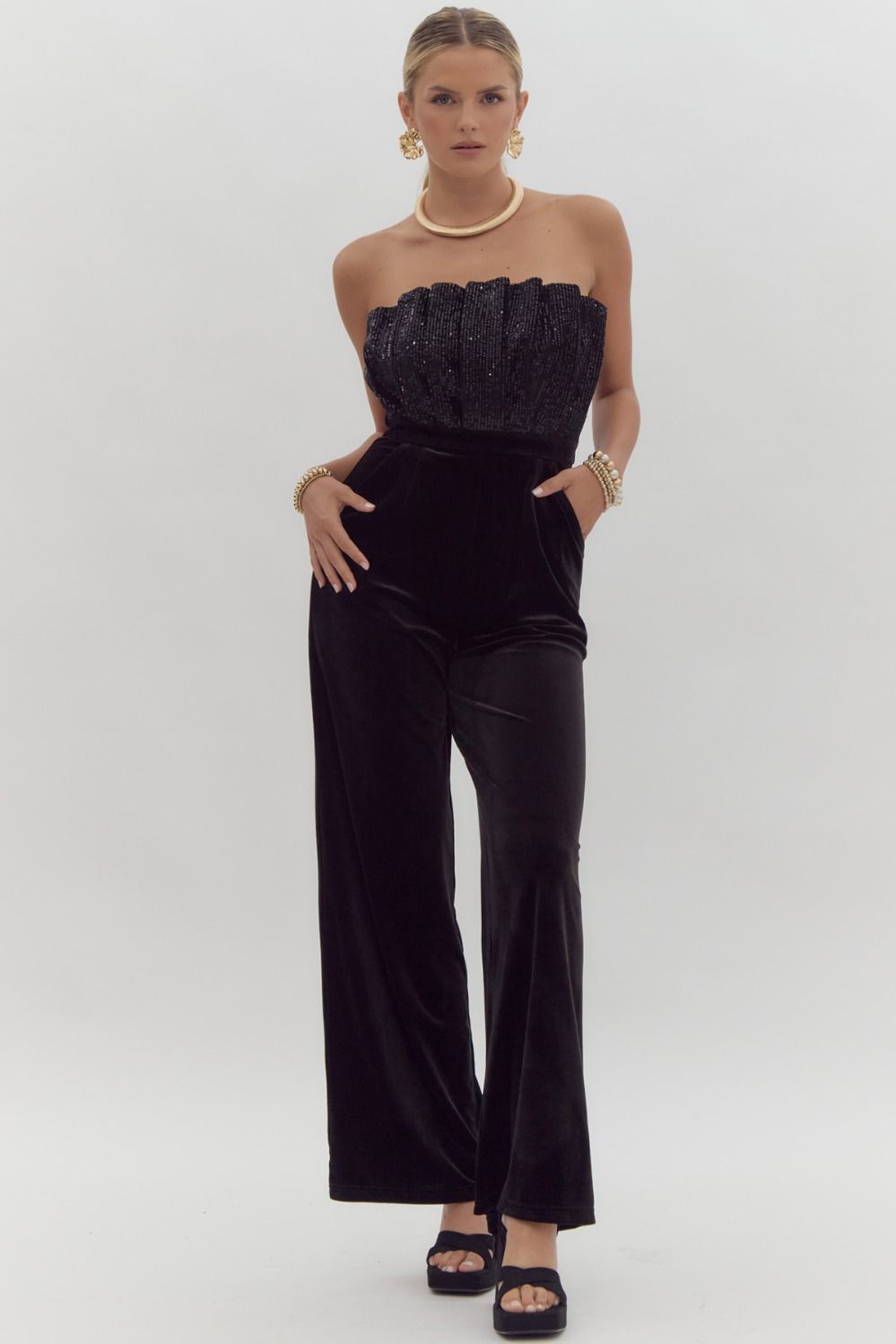 Black Strapless Sequin Top Jumpsuit