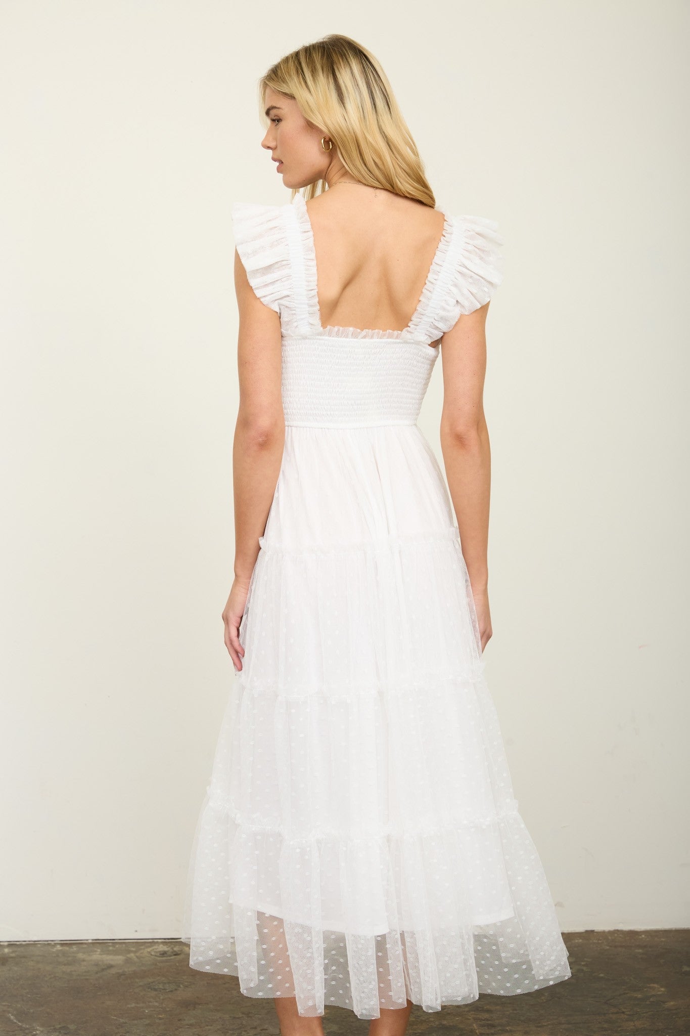 Polka Dot Print Tulle Tiered Midi Dress