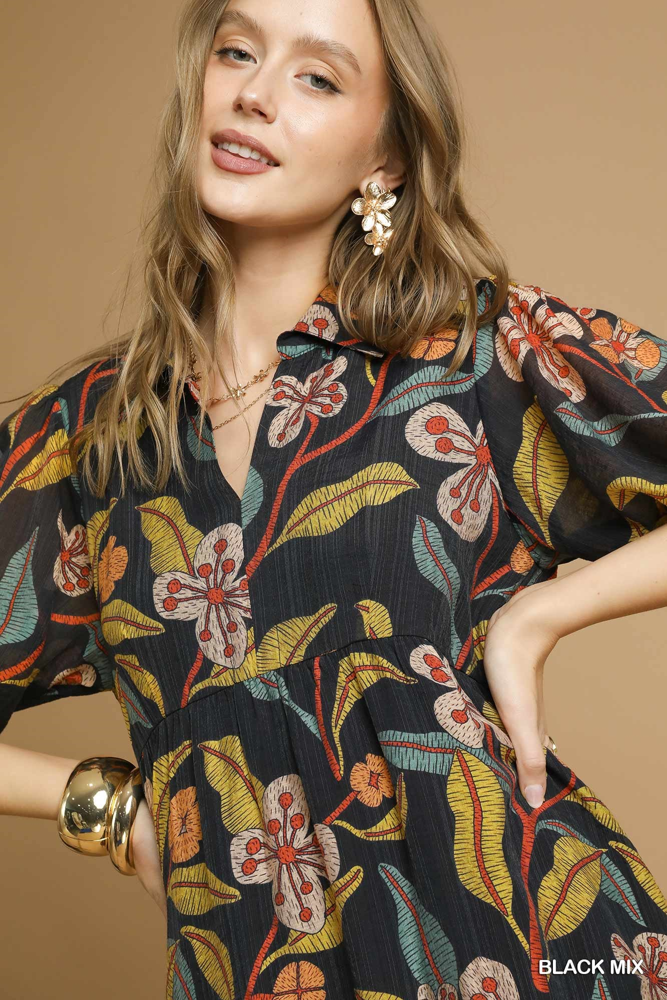 Black Floral Tiered Midi Dress