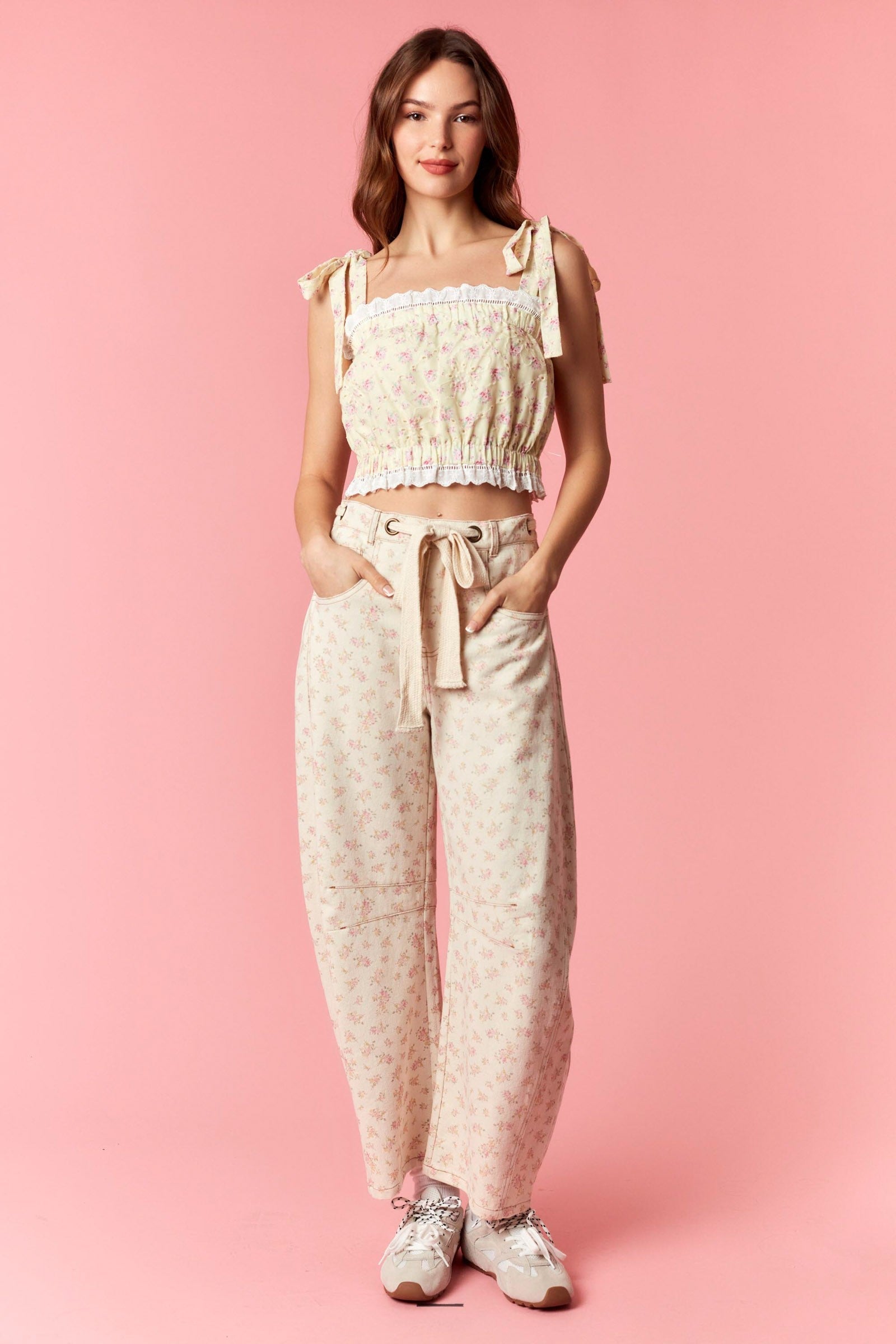 Pink Ditsy Floral Barrel Leg Denim Pants with Tie