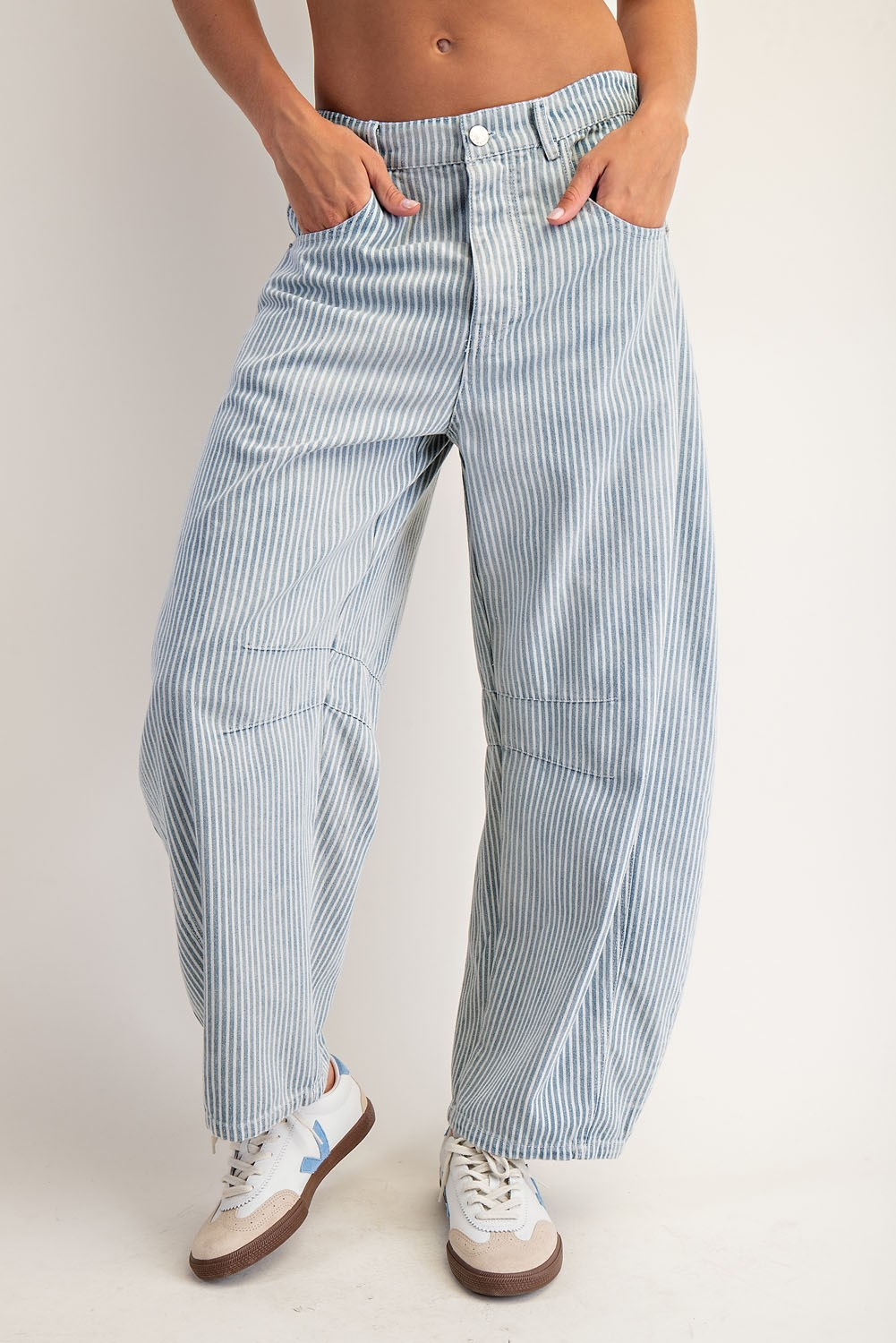 Mineral Washed Striped Barrel Jeans