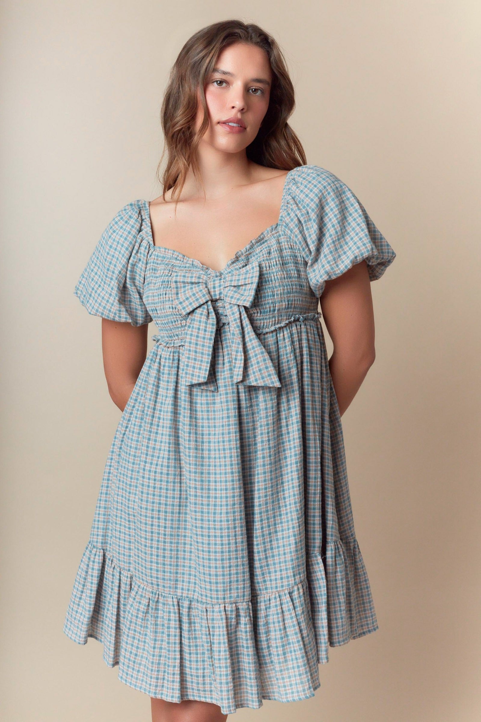 Dusty Teal Ribbon Front Smocked Plaid Midi Dress