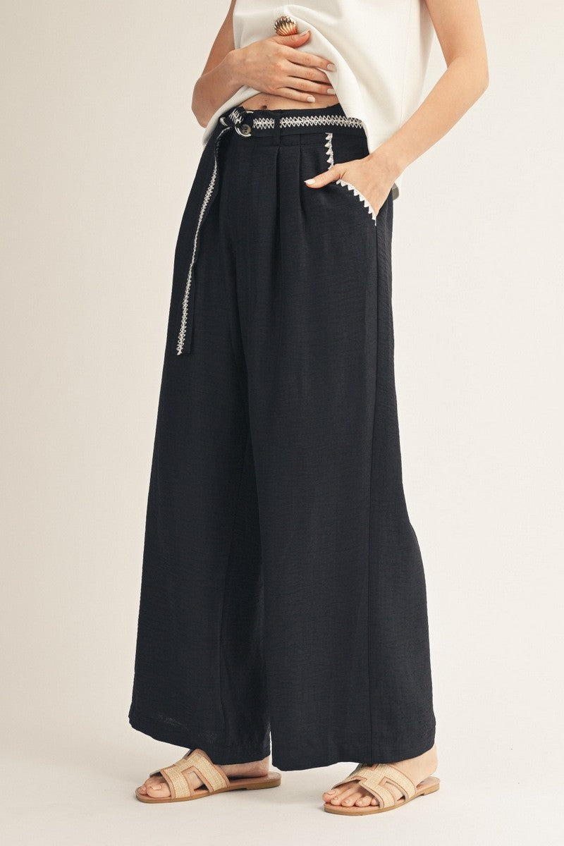 Black Embroidery Accent Wide Leg Pants