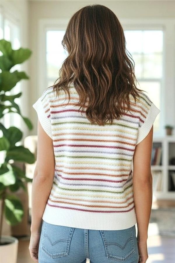 Multi Colored Crochet Striped Short Sleeve Crew Neck Top