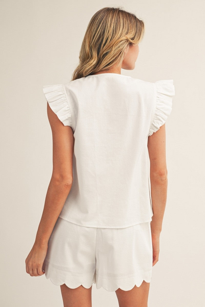 White Scallop Edge Button Down Top