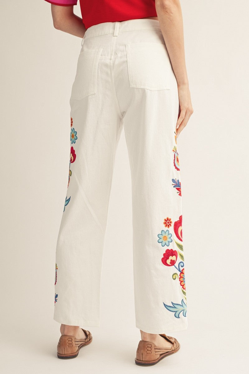White Floral Embroidered Pants
