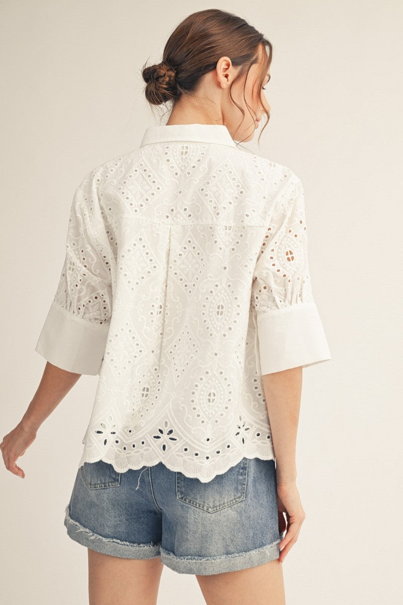 White Scalloped Hem Button Down Eyelet Top
