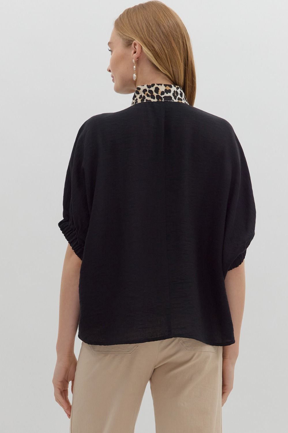 Black Puff Sleeve Shirt With Leopard Collar