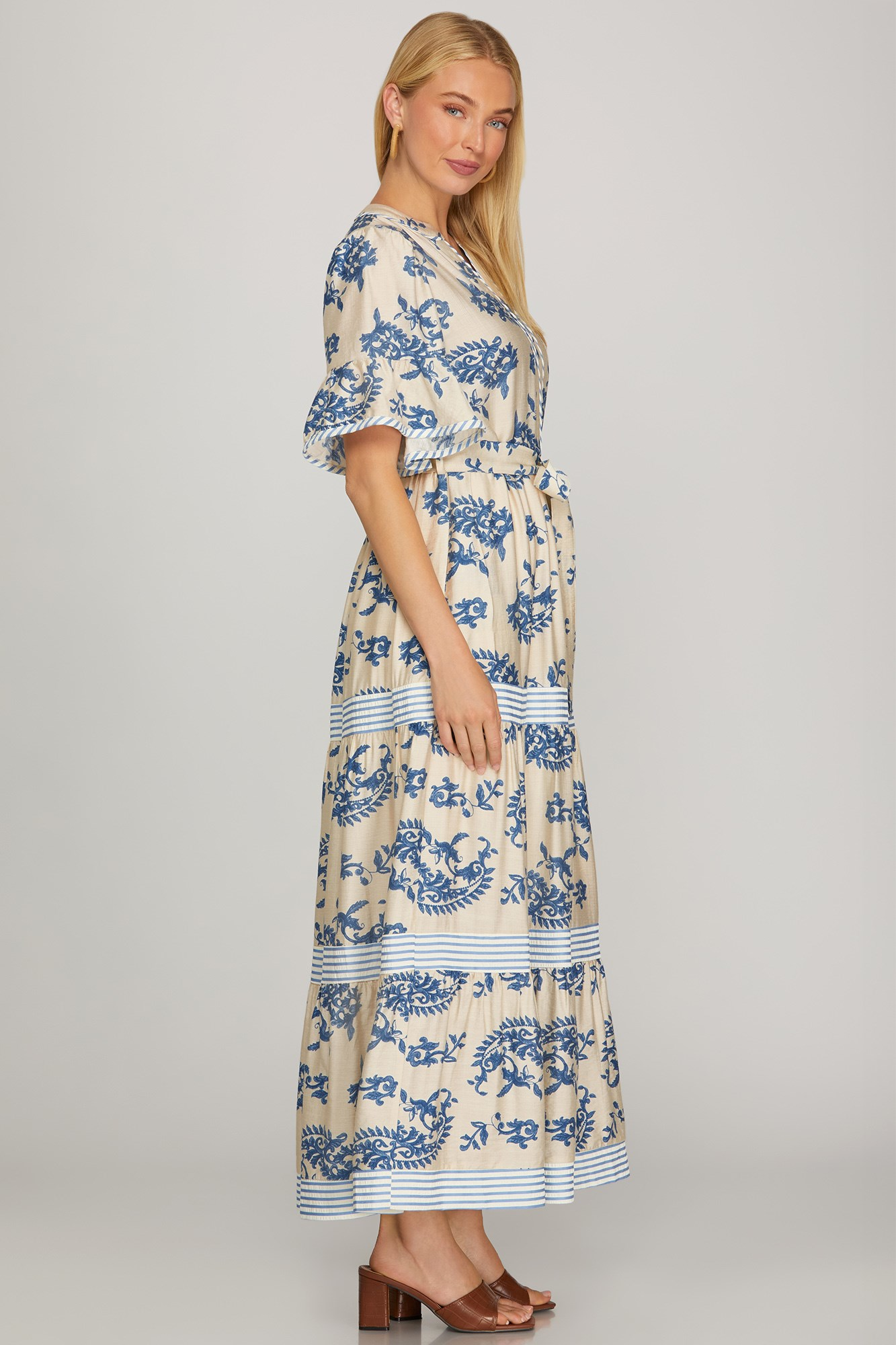 Paisley Short Ruffled Sleeve Tiered Maxi Dress