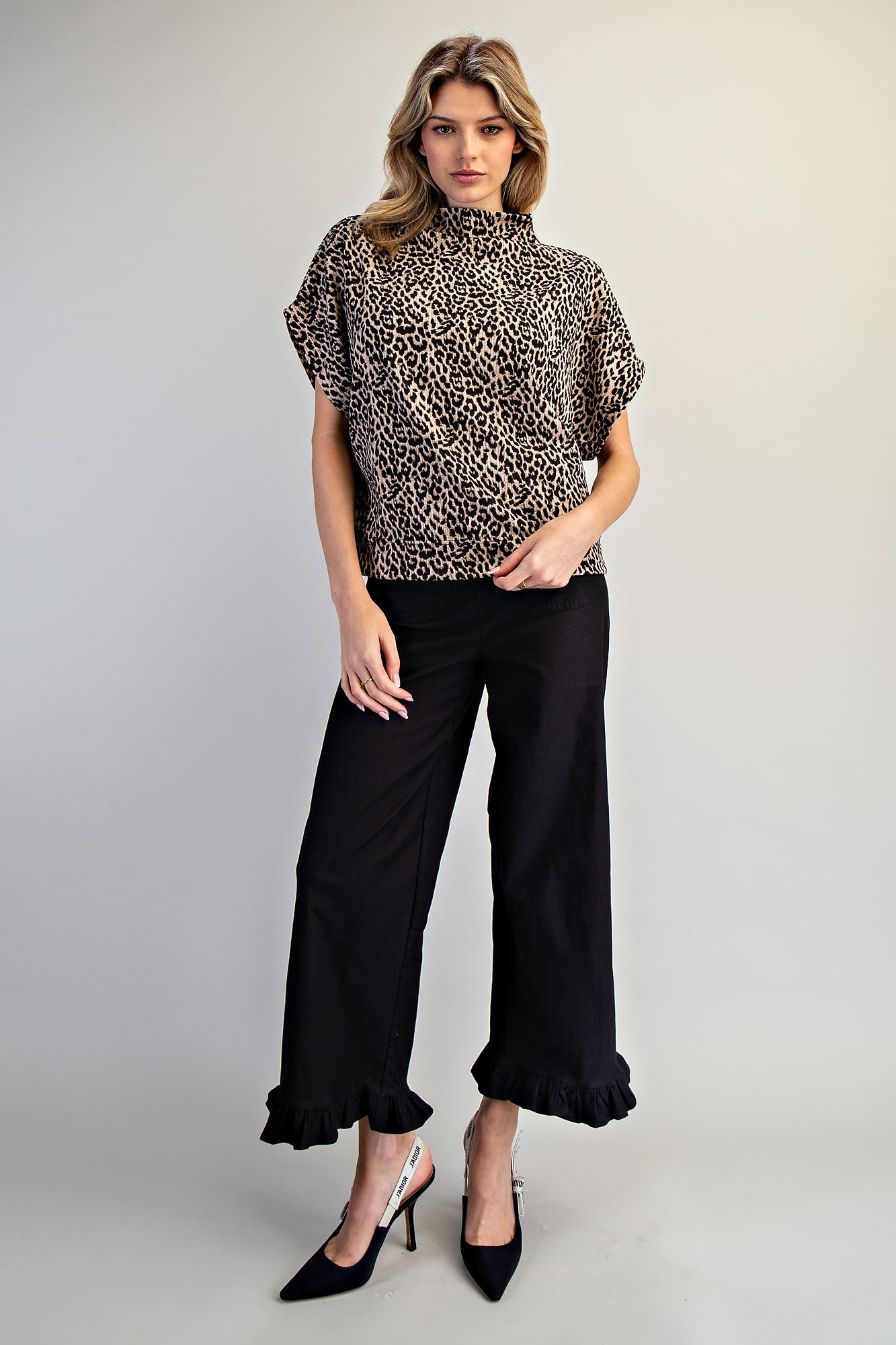 Leopard Print Mock Neck Dolman Sleeve Top