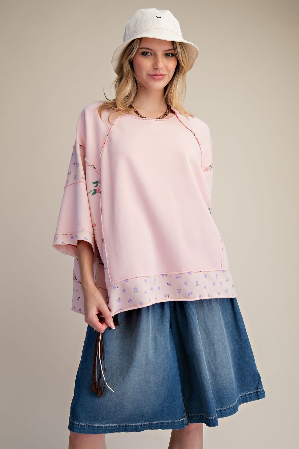Light Pink and Ditsy Floral 3/4 Sleeve Oversized Top