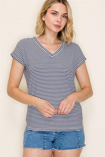 Navy striped V- Neck Top