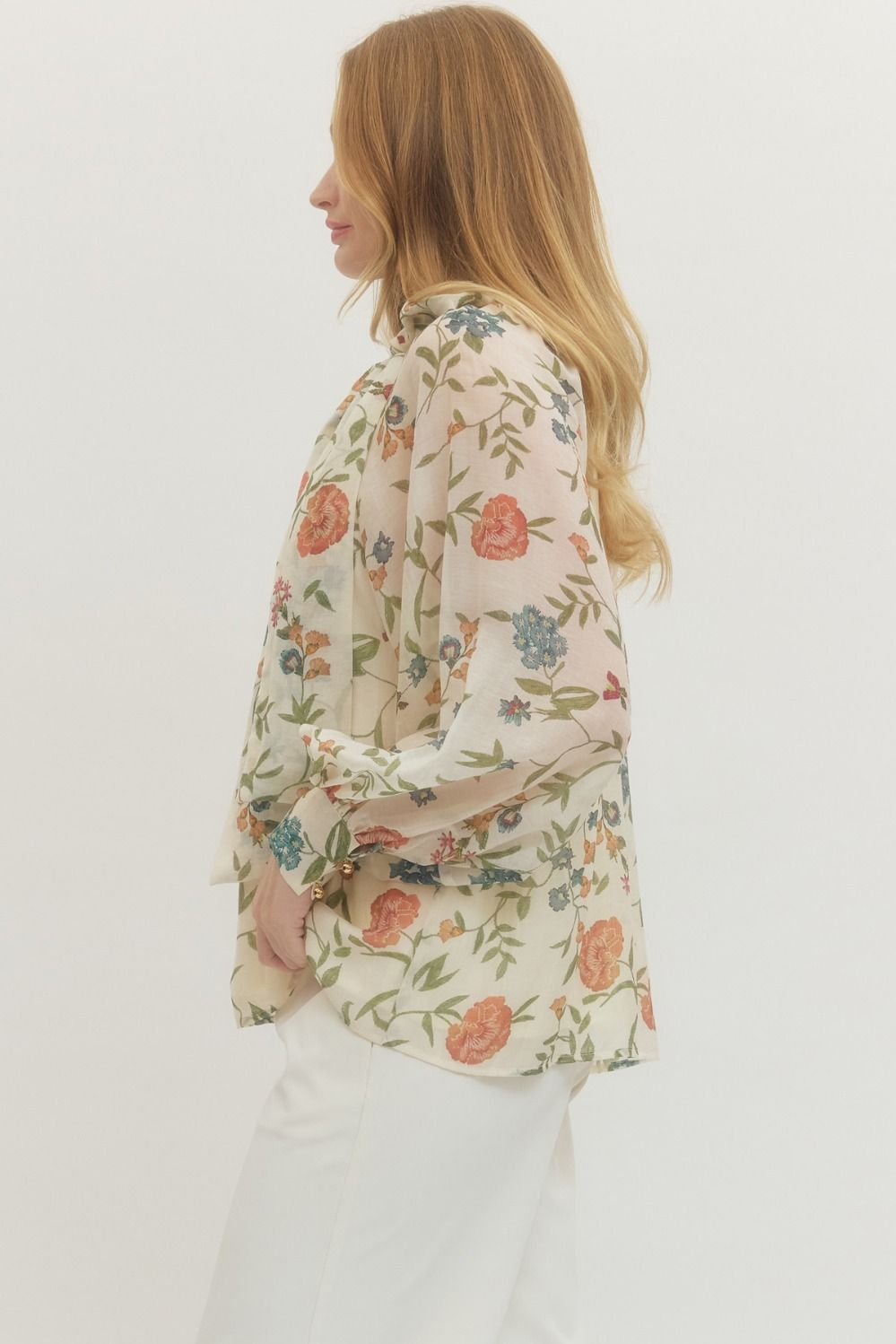 Ecru Floral Long Sleeve Tied Shirt