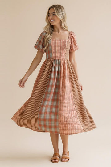 Pink Plaid Cap Sleeve Patchwork Dress