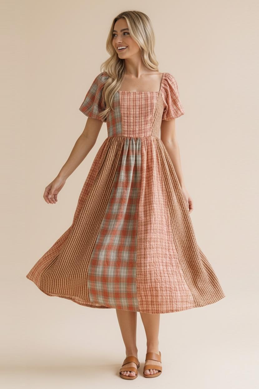 Pink Plaid Cap Sleeve Patchwork Dress