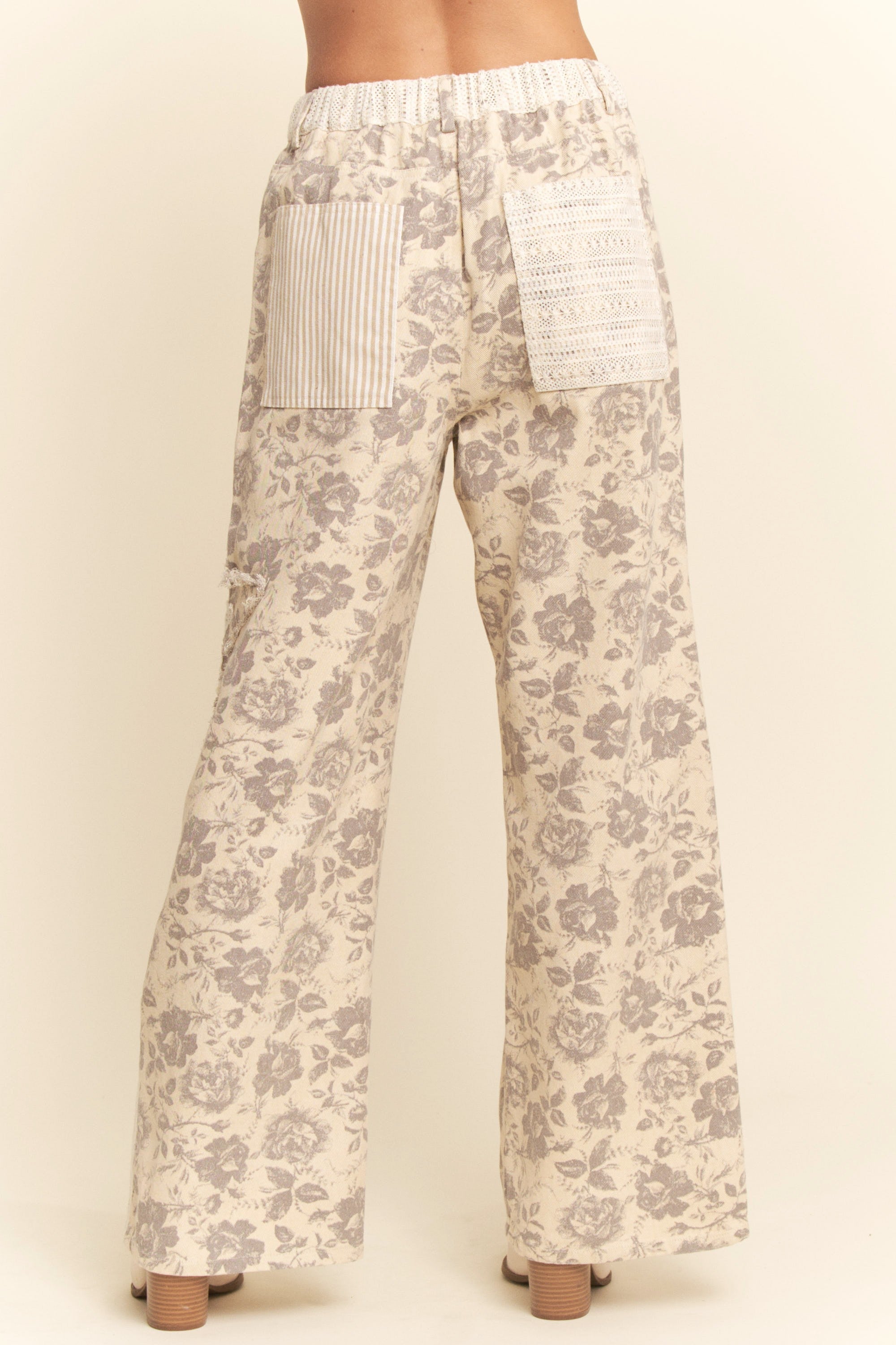 Curvy Taupe Floral and Stripe Pants