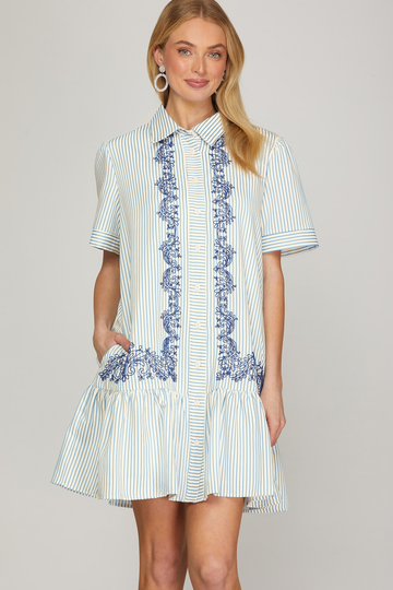 Short Sleeve Embroidered Blue Striped Dress