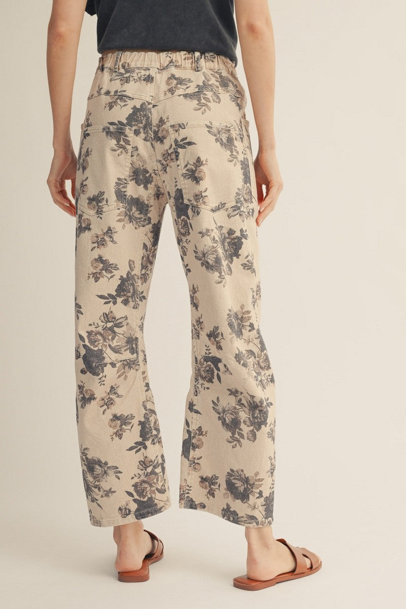 Belted Taupe Floral Barrel Pants