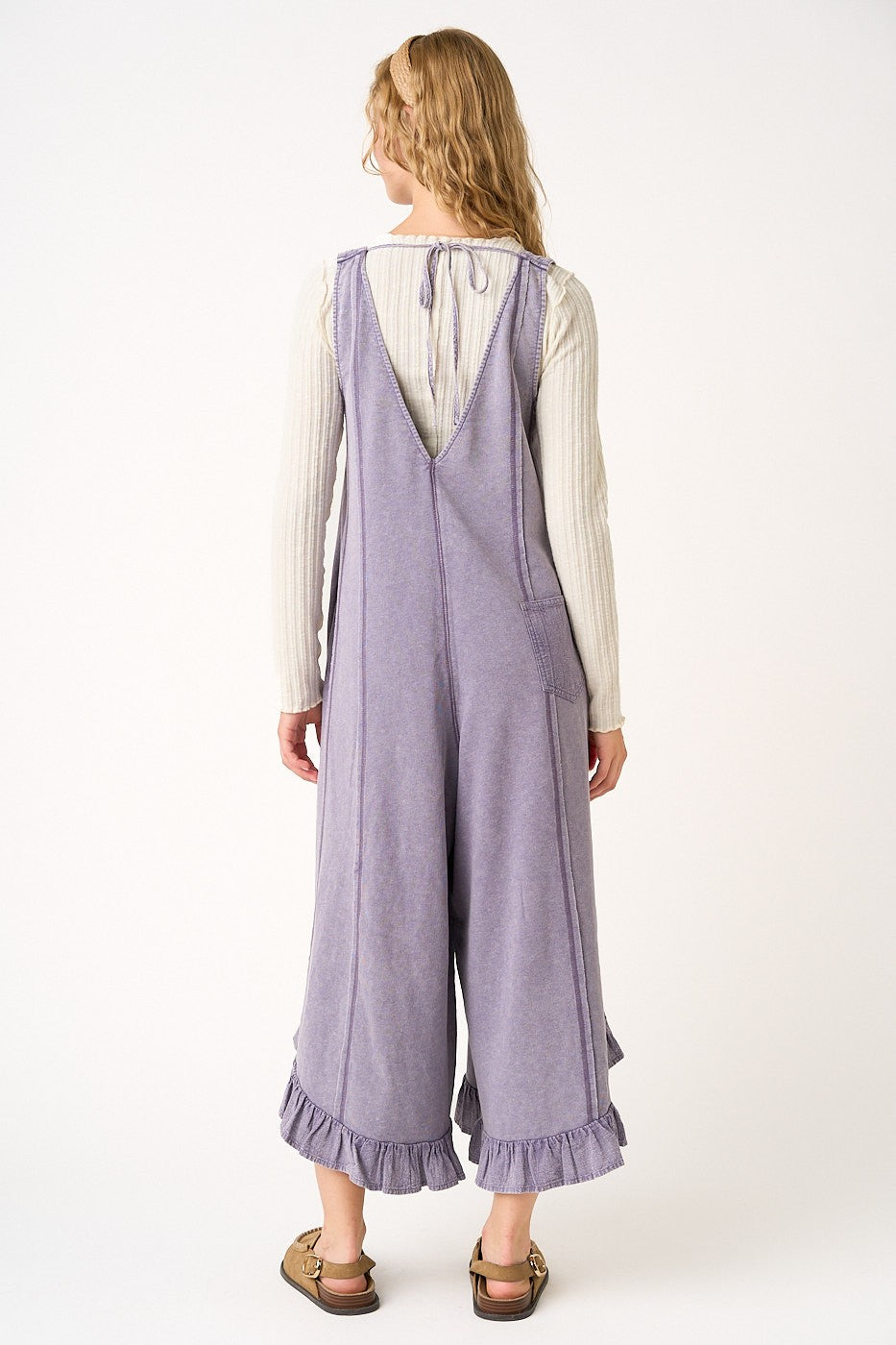 Mineral Wash Ruffle Wide Leg Jumpsuit