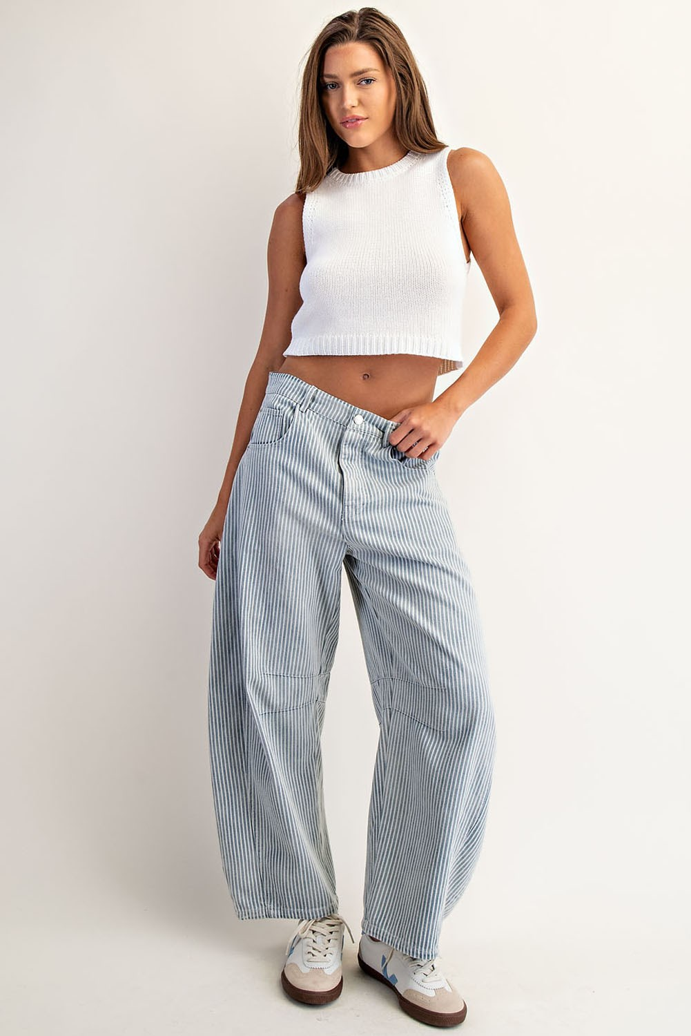 Mineral Washed Striped Barrel Jeans