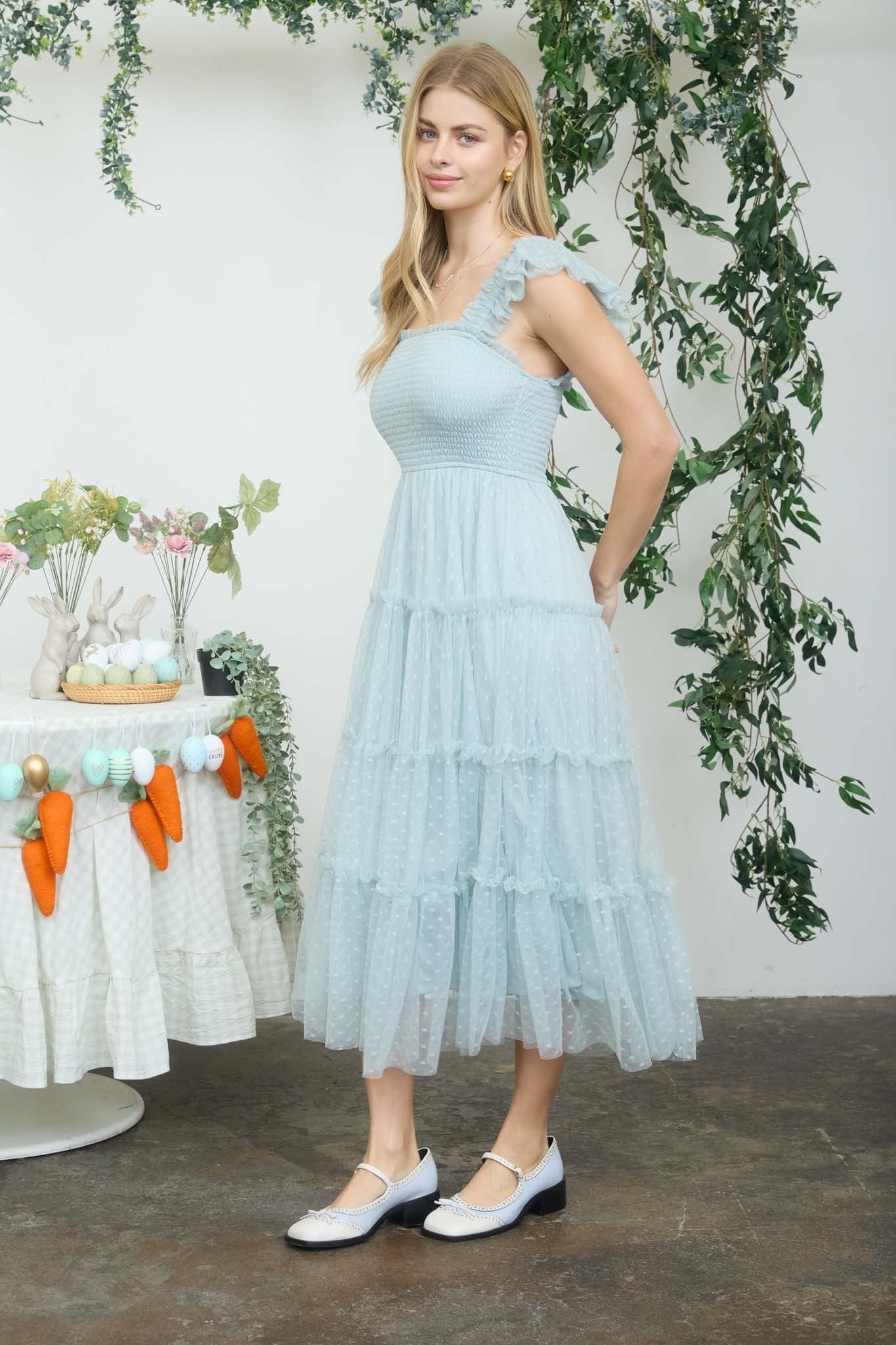 Polka Dot Print Tulle Tiered Midi Dress