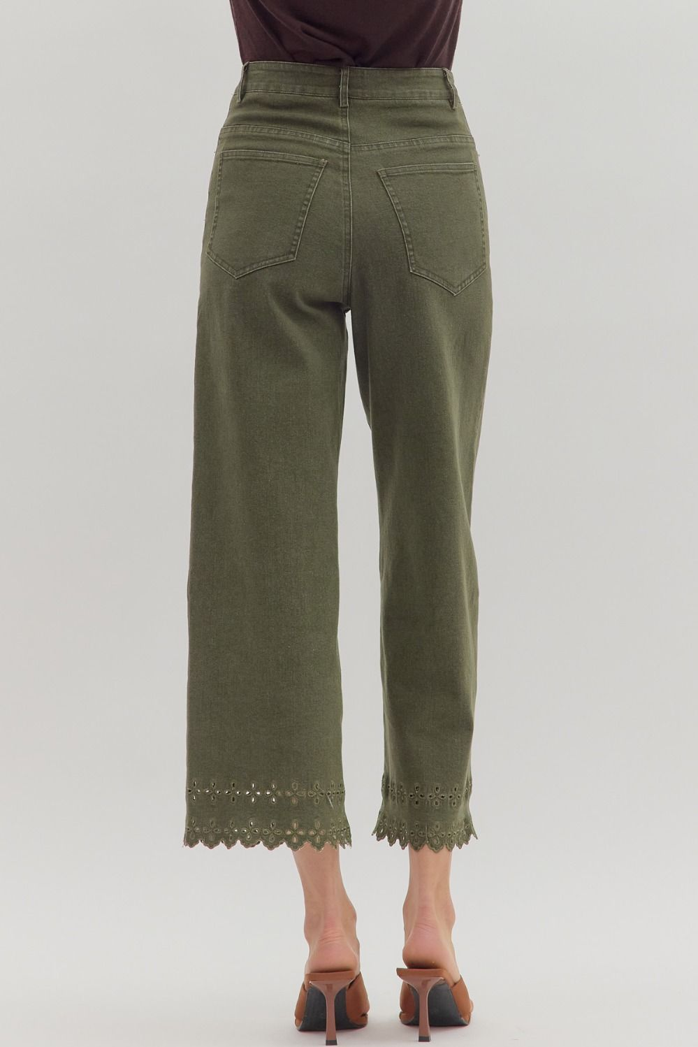 Olive High Waist Crop W/ Floral Embroidered Hem