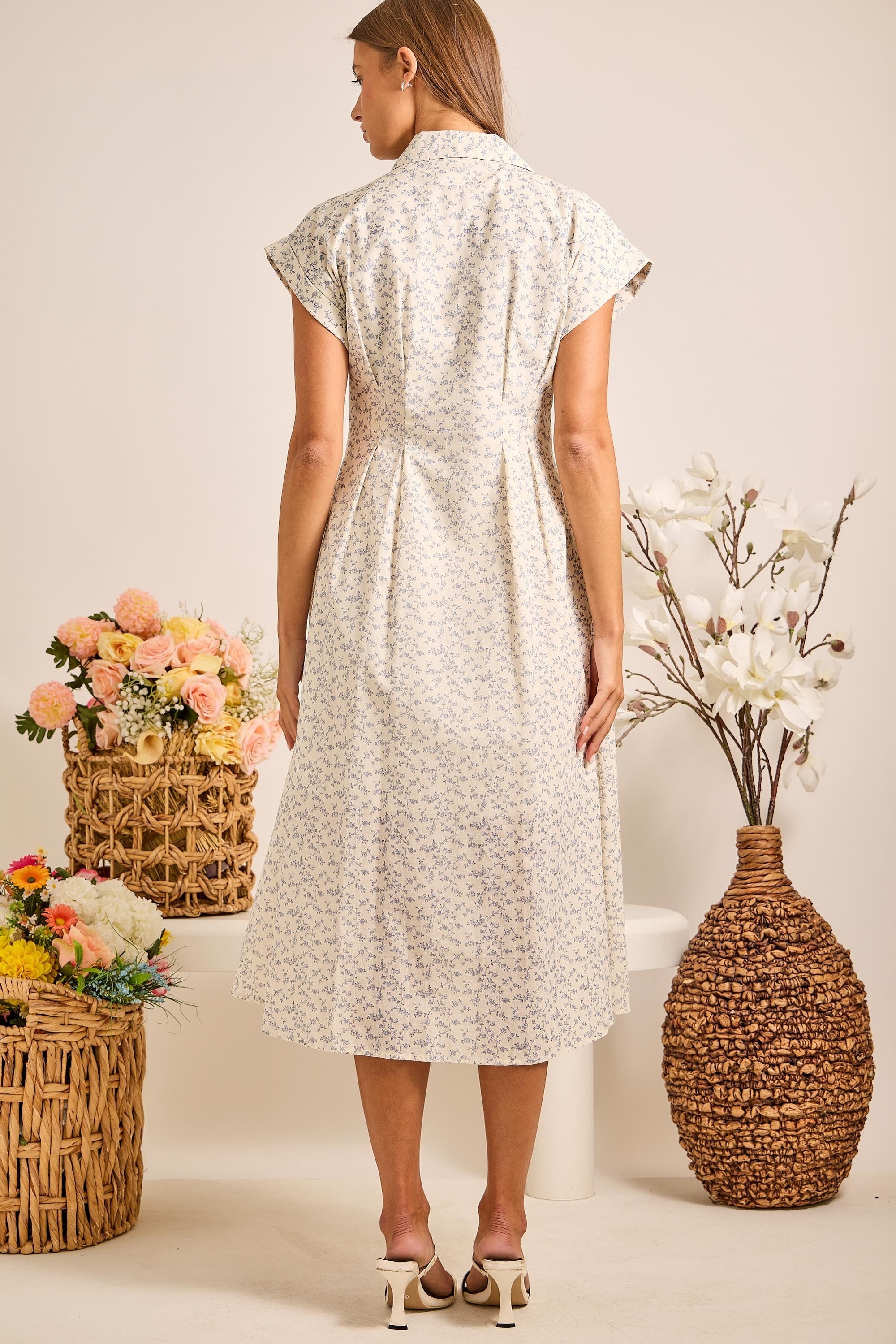 Blue Floral Button Front Collared Midi Dress