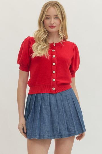 Short Sleeve Puff Button Front Cardigan