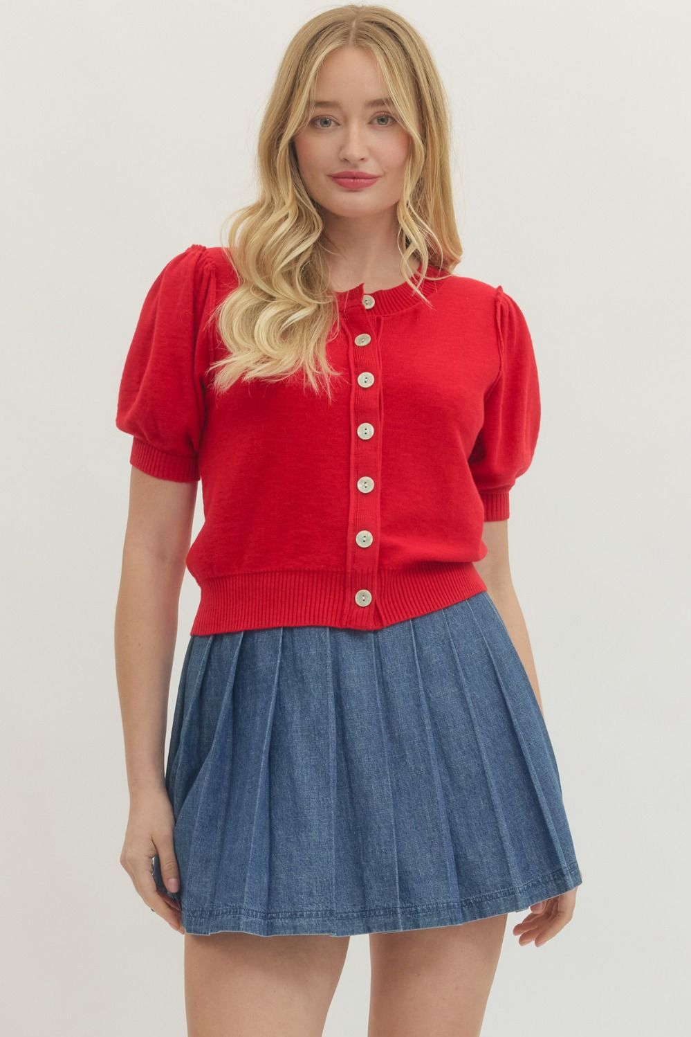 Short Sleeve Puff Button Front Cardigan