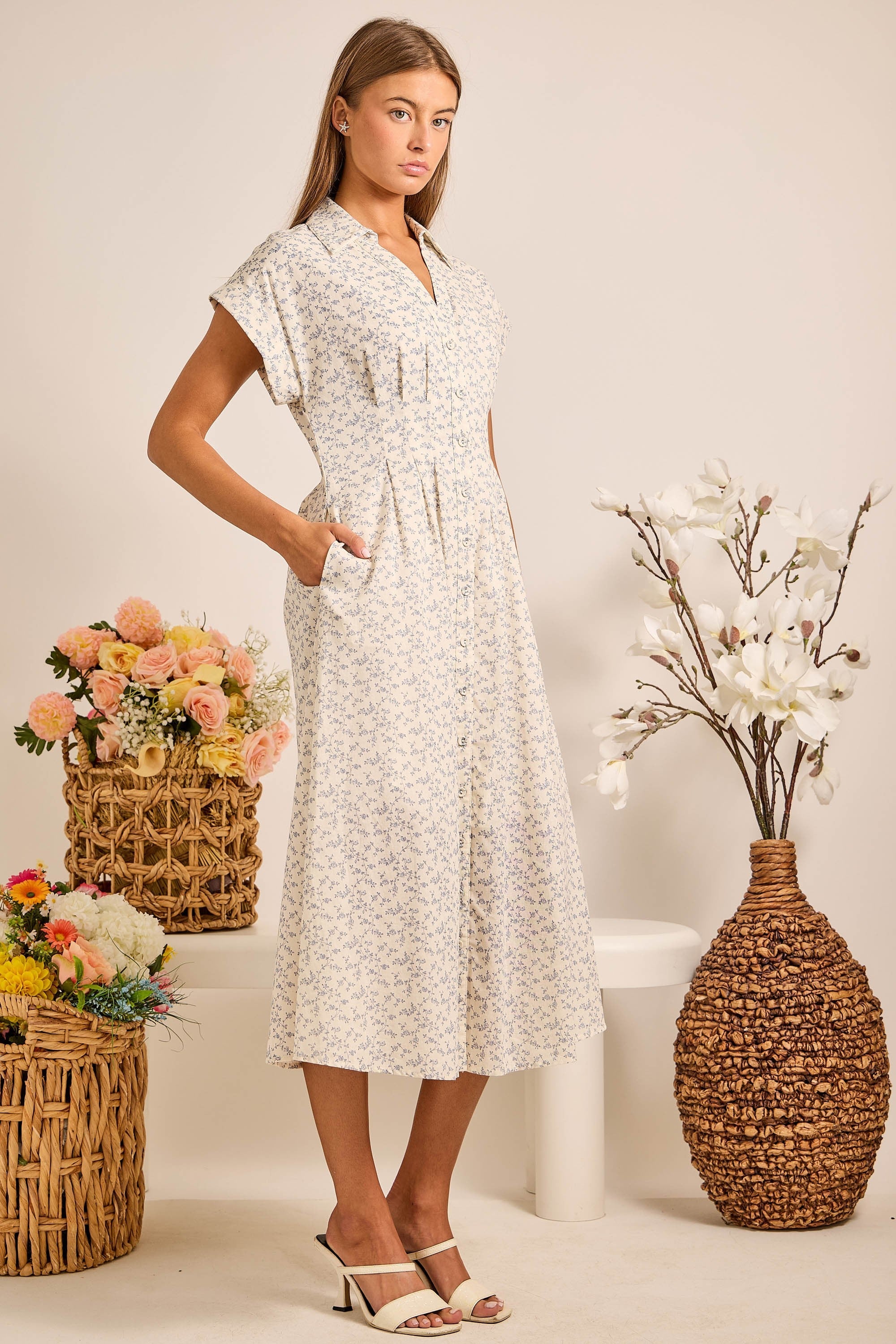 Blue Floral Button Front Collared Midi Dress