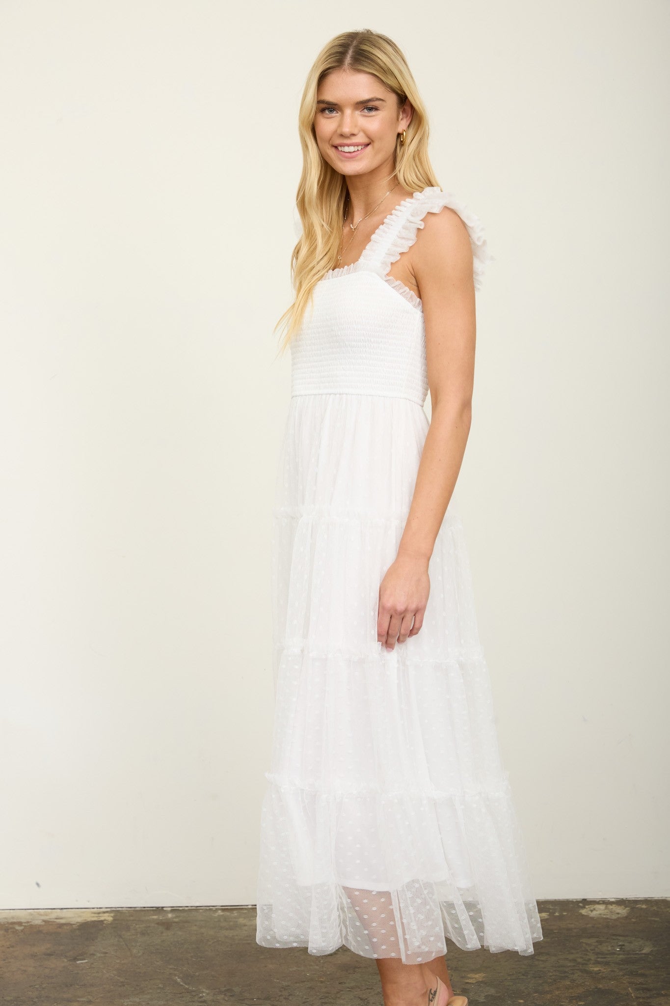 Polka Dot Print Tulle Tiered Midi Dress