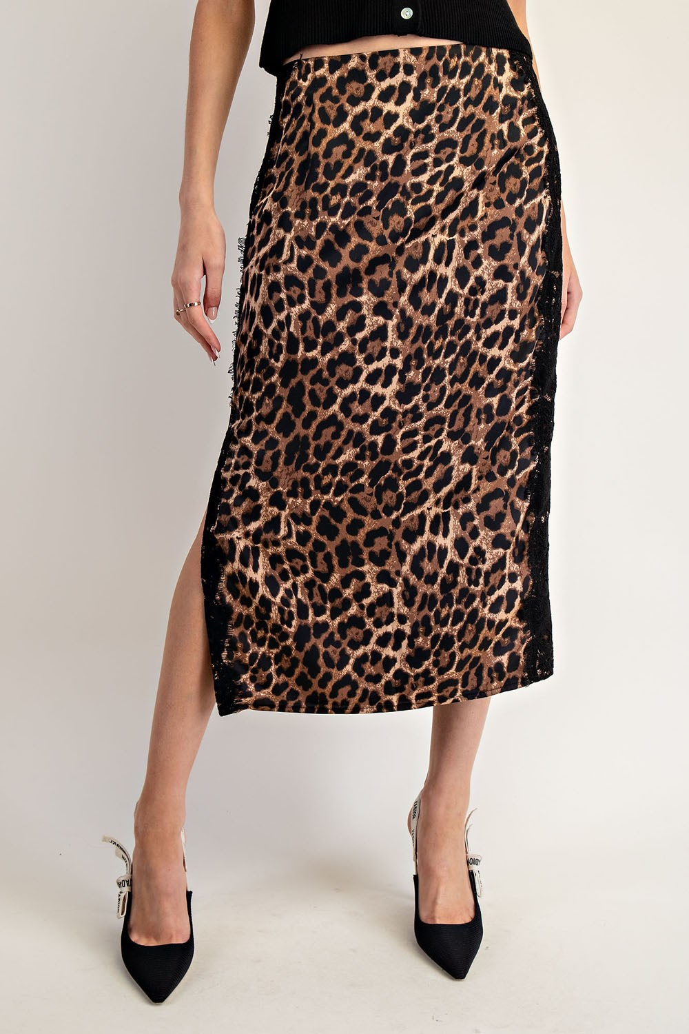 Leopard Lace Trim Midi Skirt